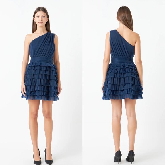 Endless Rose Navy Blue One Shoulder Tiered Tulle Mini Dress - Picture 1 of 6